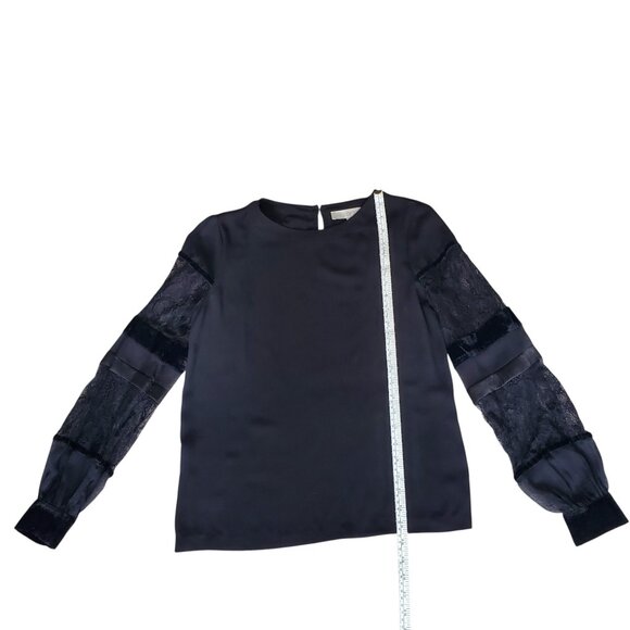 Loft Black Dressy Blouse with mixed Media Sheer/Lace/Velvet Sleeves Size XS - Picture 3 of 8